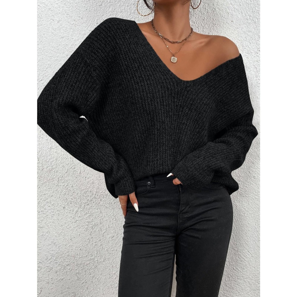 V neck Drop Shoulder Ribbed Knit Sweater black oversized - Picture 1 of 8